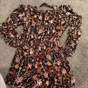 Free People Black Floral Off-Shoulder Romper with Rust and Pink Accents